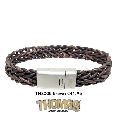 Pulsera Thomss con cierre de acero inoxidable, trenza de cuero marrón