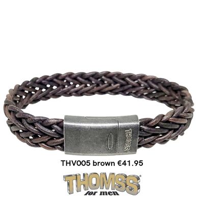 Pulsera Thomss con cierre de acero inoxidable de aspecto vintage, trenza de cuero marrón