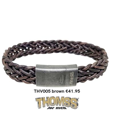 Thomss armband met vintage look edelstalen sluiting, bruine leren vlecht