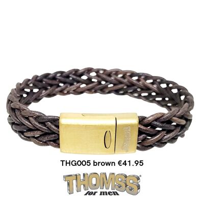 Pulsera Thomss con cierre de oro, trenza de cuero marrón