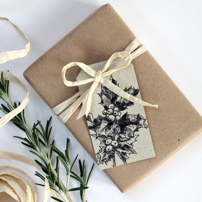 Étiquettes-cadeaux en papier d'herbe, houx