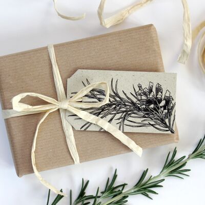 Grass paper gift tag, pine branch