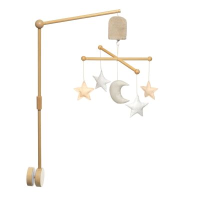 Wooden musical mobile Moon and stars nude silver
