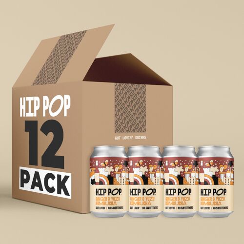 Hip Pop Kombucha – Ginger Yuzu Vegan Flavour – 12 x 330ml Kombucha Tea Non-Alcoholic Drink