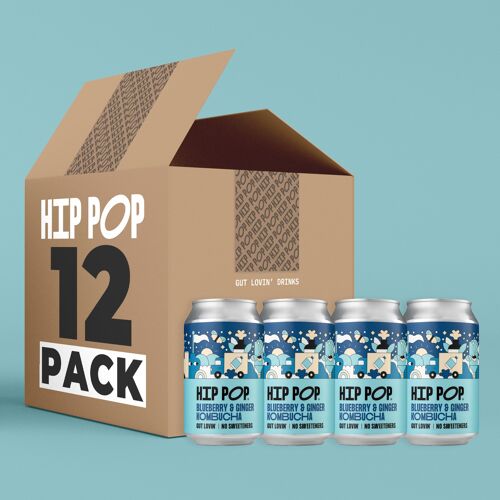 Hip Pop Kombucha – Blueberry Ginger Vegan Flavour – 12 x 330ml Kombucha Tea Non-Alcoholic Drink