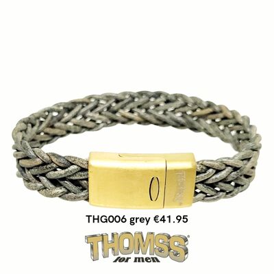 Thomss bracelet with matte gold closure and gray leather braid