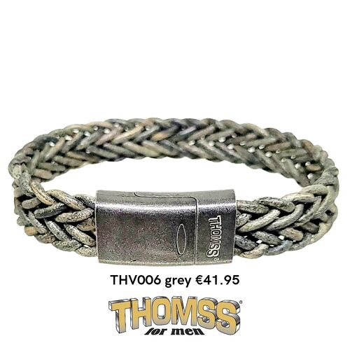 Thomss armband met vintage look edelstalen sluiting, grijze leren vlecht