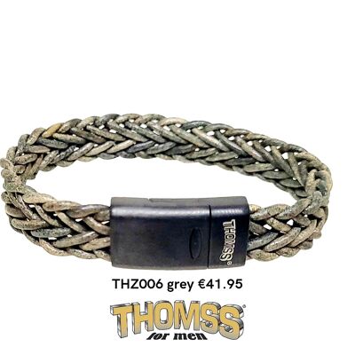 Bracelet Thomss avec fermoir noir, tresse en cuir gris