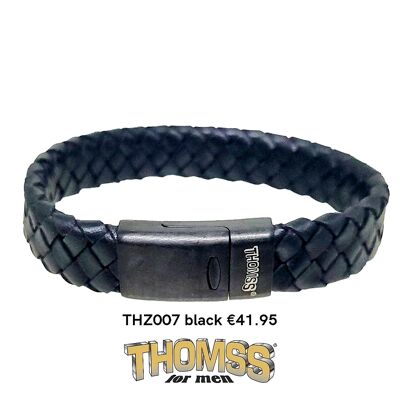 Bracelet Thomss avec fermoir en acier inoxydable noir mat, tresse en cuir noir