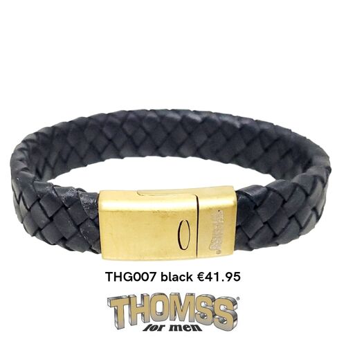 Thomss armband met mat gouden edelstalen sluiting, zwarte leren vlecht