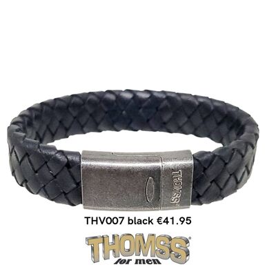 Thomss-Armband mit mattem Vintage-Edelstahlverschluss, schwarzes Ledergeflecht