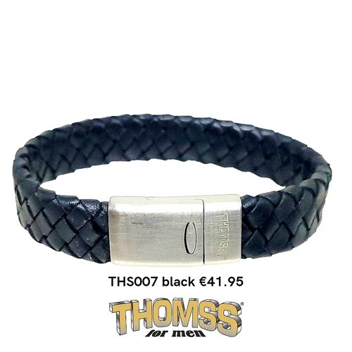 Thomss armband met mat zilver edelstalen sluiting, zwarte leren vlecht