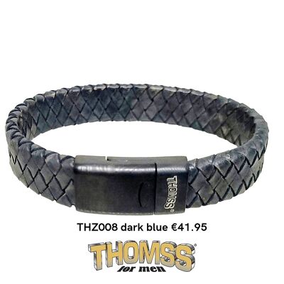 Bracelet Thomss avec fermoir en acier inoxydable noir mat, tresse en cuir bleu