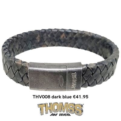 Thomss armband met vintage look edelstalen sluiting, blauwe leren vlecht