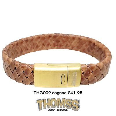 Thomss-Armband mit mattgoldenem Verschluss und cognacfarbenem Ledergeflecht