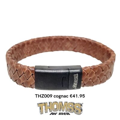 Thomss armband met mat zwarte sluiting en cognac leren vlecht