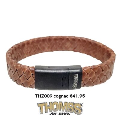 Bracelet Thomss avec fermoir noir mat et tresse en cuir cognac