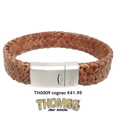 Thomss-Armband mit mattsilberner Schließe und cognacfarbenem Ledergeflecht