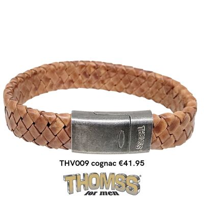 Bracelet Thomss avec fermoir vintage mat et tresse en cuir cognac