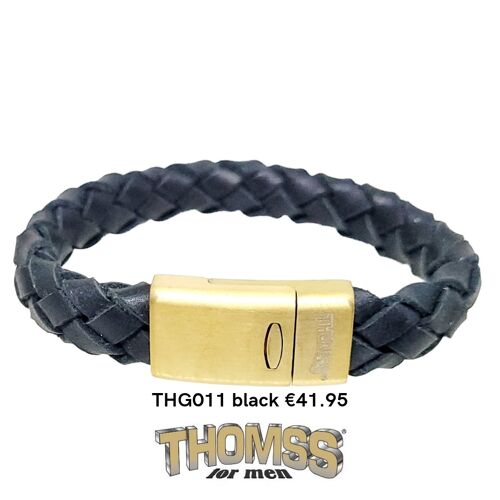 Thomss armband met mat gouden sluiting en zwart leren vlecht