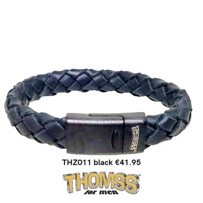 Thomss Armband mit mattschwarzem Verschluss und schwarzem Ledergeflecht