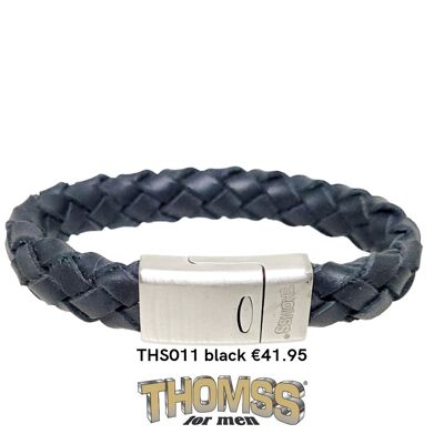 Bracelet Thomss avec fermoir en argent mat et tresse en cuir noir