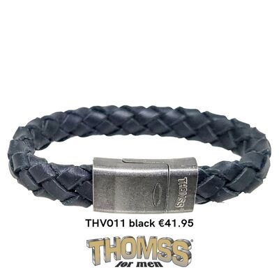 Bracelet Thomss avec fermoir vintage mat et tresse en cuir noir