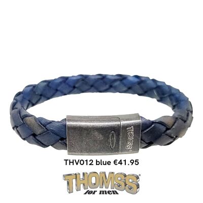 Bracelet Thomss avec fermoir en acier inoxydable look vintage tresse en cuir bleu