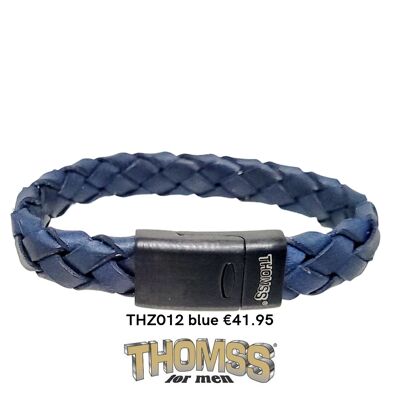 Bracelet Thomss avec fermoir en acier inoxydable aspect noir tresse en cuir bleu