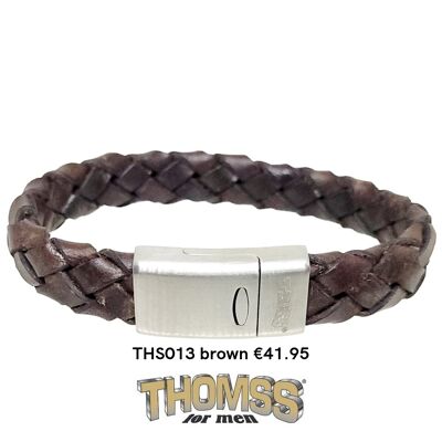 Pulsera Thomss con cierre de acero inoxidable, trenza de cuero marrón