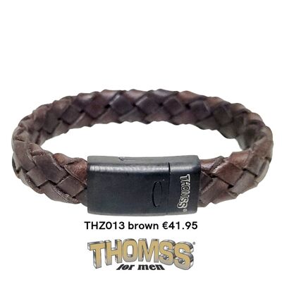 Bracciale Thomss con chiusura in acciaio inossidabile nero opaco, treccia in pelle marrone