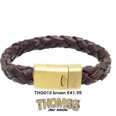 Thomss armband met mat gouden sluiting en bruin leren vlecht