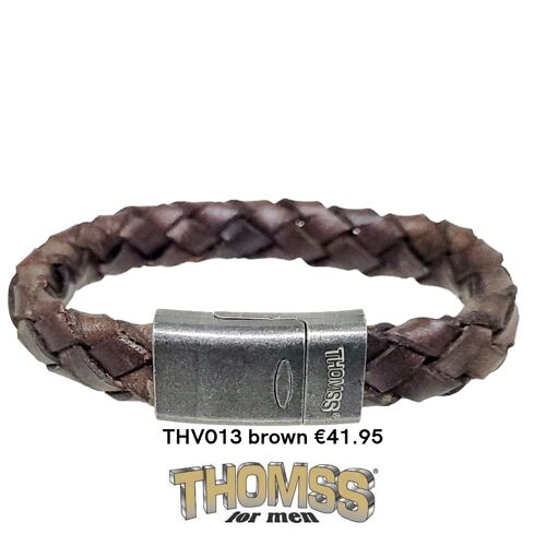 Thomss armband met vintage look edelstalen sluiting, bruin leren vlecht