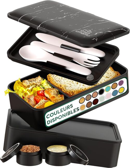 Umami Bento Lunch Box, 2 Pots à Sauce & Couverts en Bois Inclus, Lunchbox Micro-Ondable, Boîte à lunch Adulte/Enfant, Boîte Repas Compartimentée, Boîte Bento Lunch Box, Bento Box