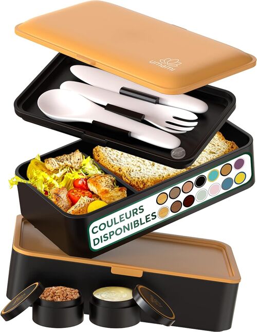 Umami Bento Lunch Box, 2 Pots à Sauce & Couverts en Bois Inclus, Lunchbox Micro-Ondable, Boîte à lunch Adulte/Enfant, Boîte Repas Compartimentée, Boîte Bento Lunch Box, Bento Box