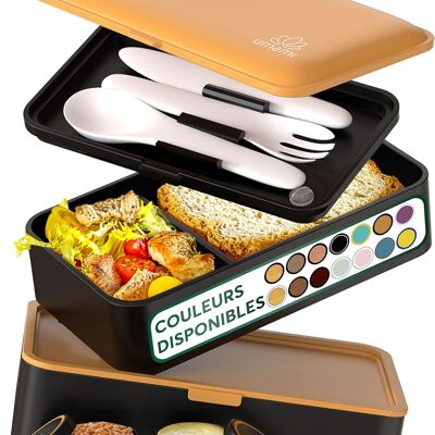 Umami Bento-Lunchbox, 2 Saucentöpfe und Holzbesteck im Lieferumfang enthalten, mikrowellengeeignete Lunchbox, Lunchbox für Erwachsene/Kinder, unterteilte Essensbox, Bento-Lunchbox, Bento-Box