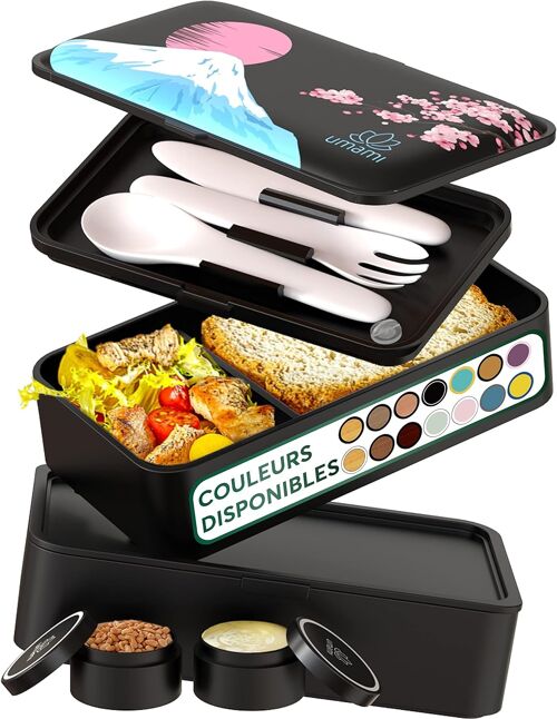 Umami Bento Lunch Box, 2 Pots à Sauce & Couverts en Bois Inclus, Lunchbox Micro-Ondable, Boîte à lunch Adulte, Boîte Repas Compartimentée, Boîte Bento Lunch Box, Bento Box
