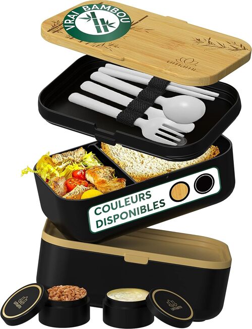 Umami Bento Lunch Box, 2 Pots à Sauce & Couverts en Bois Inclus, Lunchbox Micro-Ondable, Boîte à lunch Adulte, Boîte Repas Compartimentée, Boîte Bento Lunch Box, Bento Box