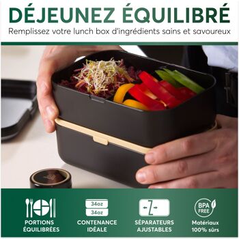 Bento Lunch Box 2,0L Tout Inclus, 4 couverts, Noir & Bambou, Couvercle en Vrai Bambou, Étanche, 2 pots à sauce, Bento Box Adulte, Edition Limitée "Torii de Miyajima" UMAMI 7