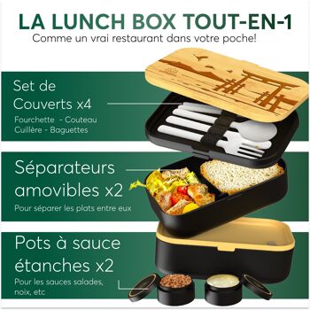 Bento Lunch Box 2,0L Tout Inclus, 4 couverts, Noir & Bambou, Couvercle en Vrai Bambou, Étanche, 2 pots à sauce, Bento Box Adulte, Edition Limitée "Torii de Miyajima" UMAMI 9