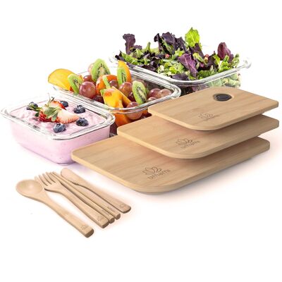 Contenitore per il pranzo in vetro e bambù, regalo ideale, bento box giapponese ermetico a 1 livello, microonde, forno e lavastoviglie, set di 3