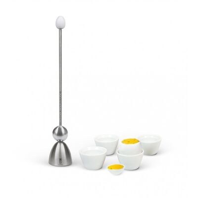 Set "Caja Regalo Clack" con abrehuevos "Clack" con huevo de cerámica blanca, 4 hueveras de porcelana blanca