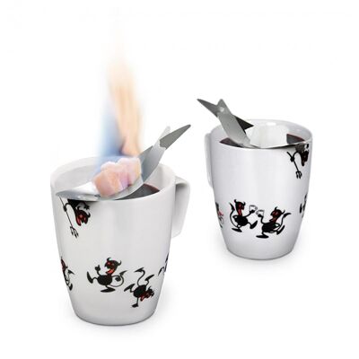 Set de tasses à pinces à feu "Fire Devil" avec 2 pinces à feu en acier inoxydable, 2 tasses en porcelaine, y compris la recette du punch pour pinces à feu