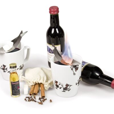 "Fire devil" fire tongs gift box with 2 stainless steel fire tongs, 2 porcelain cups, 2 bottles of red wine (each 250ml), 1 bottle of rum (20ml/54% vol.), sugar cubes & spices, including recipe