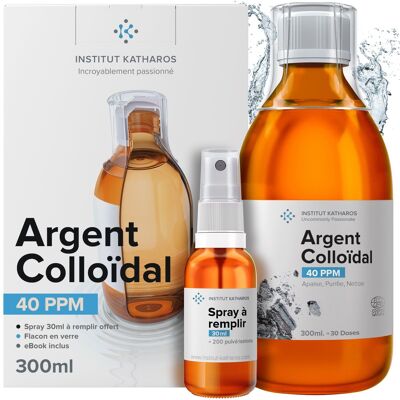 Plata Coloidal 300ml (EMBALAJE FRANCÉS) 40 PPM Calidad Premium con Spray Recargable Gratis - 100% Natural, Certificado Ecocert Cosmos Natural