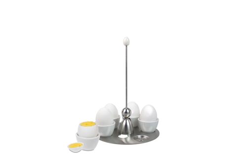 "Miro" Clack-Eierbechertablett mit "Clack" Eieröffner mit weißem Keramikei, Edelstahl Tablett, 5 weißen Porzellan Eierbechern