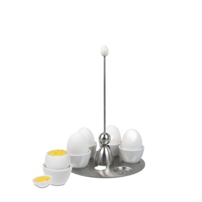 "Miro" Clack-Eierbechertablett mit "Clack" Eieröffner mit weißem Keramikei, Edelstahl Tablett, 5 weißen Porzellan Eierbechern