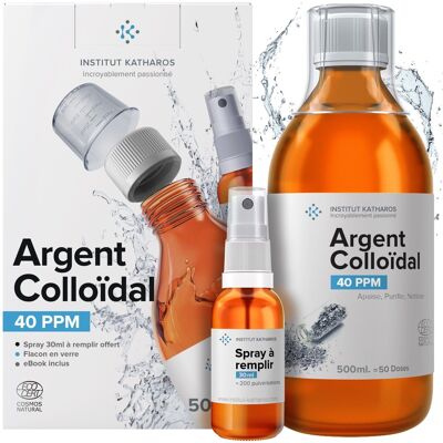 Plata Coloidal 500ml (EMBALAJE FRANCÉS) 40 PPM Calidad Premium con Spray Recargable Gratis - 100% Natural, Certificado Ecocert Cosmos Natural