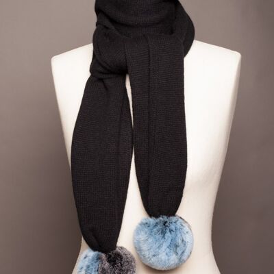 100% cashmere 4-ply fluffy knit scarf with fur pompoms