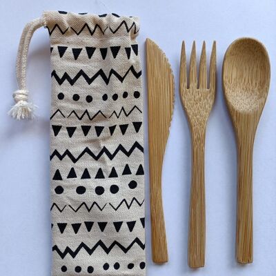 Set of 3 bamboo cutlery in a linen bag "Ethno"